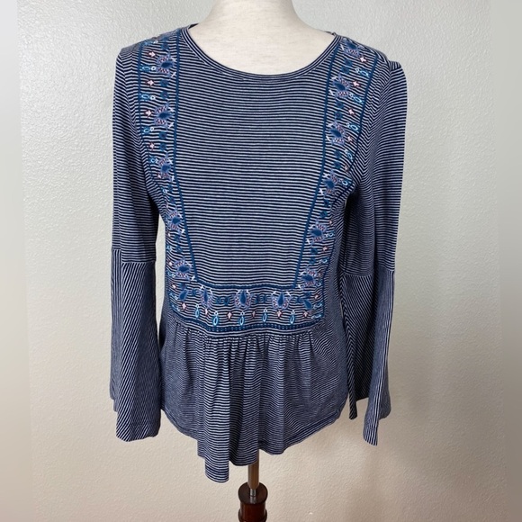 Loft Embroidered Striped Bell Sleeve Top - Picture 4 of 9